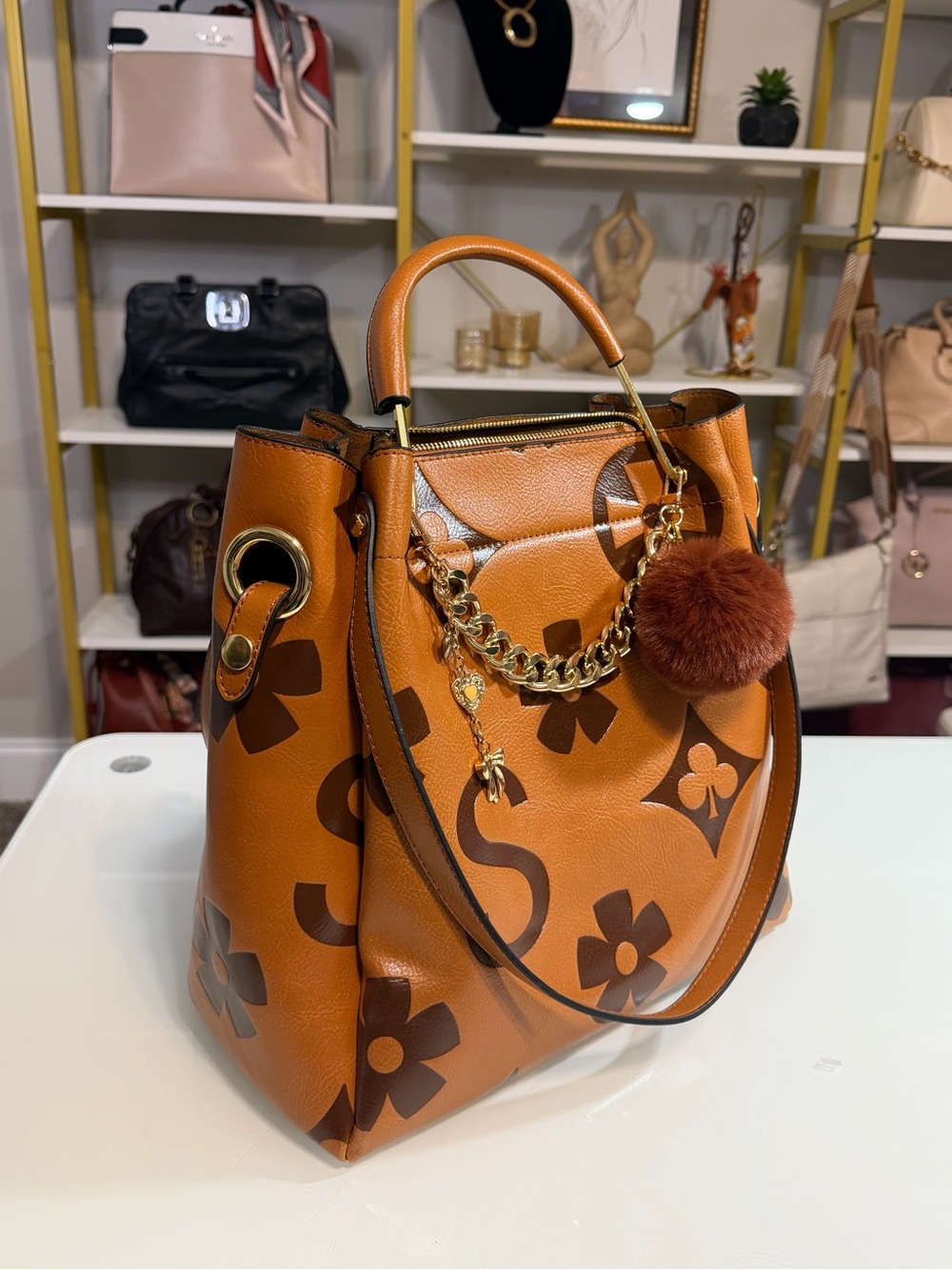 NWOT Travistar Floral Embossed Faux Leather Bucket Tote (Brown) - Picture 3 of 16